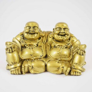 Brass Color Twin Conjoint Laughing Buddha Sitting With Ingot In Hand Brings Prosperity, Success And Financial Gains To The House YC-TWB01