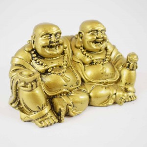 Brass Color Twin Conjoint Laughing Buddha Sitting With Ingot In Hand Brings Prosperity, Success And Financial Gains To The House YC-TWB01