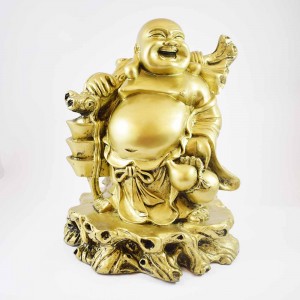 Huge Brass Color Poly Resin Travelling Laughing Buddha On Base Holding Staff With Strings Of Ingots And Bottle Guard In Other Hand  YFM-BIGB01