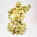 Huge Brass Color Poly Resin Travelling Laughing Buddha On Base Holding Staff With Strings Of Ingots And Bottle Guard In Other Hand  YFM-BIGB01