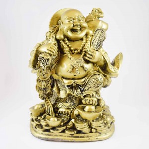 Huge Brass Laughing Buddha On Treasure And Coins Holding Fan YFM-BIGB02