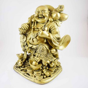 Huge Brass Laughing Buddha On Treasure And Coins Holding Fan YFM-BIGB02