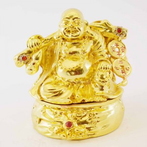 Golden Metal Craft Laughing Buddha Collectible Jewel Box sitting on Wealth bag YHX-1001