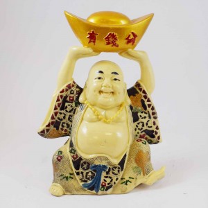 Porcelain Handmade Colorful Laughing buddha in Robe with Elevated Ingot with Both hands YJLB-STB01