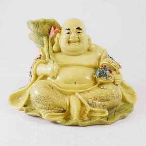 Laughing Buddha Sitting On Lotus Lead With Treasure Box And Bat For Good Wealth And Luck YJLB-STB03