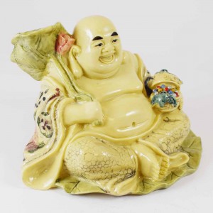 Laughing Buddha Sitting On Lotus Lead With Treasure Box And Bat For Good Wealth And Luck YJLB-STB03