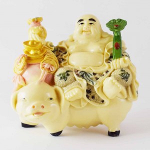 Laughing Buddha Sitting On Fat Pig With Ru Yi And Stack Of Ingot And Money Bag  YJLB-STB04