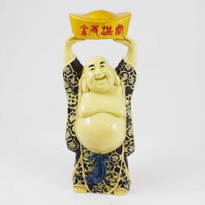 Porcelain Handmade Colorful Laughing Buddha Standing In Robe With Elevated Ingot With Both Hands YJLB-STNB01