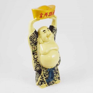 Porcelain Handmade Colorful Laughing Buddha Standing In Robe With Elevated Ingot With Both Hands YJLB-STNB01