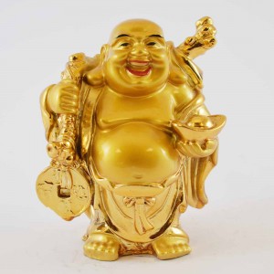 Handmade Golden Small Size Laughing Buddha Statue Holding Money Bag , Coins And Ingot YXL-S1001