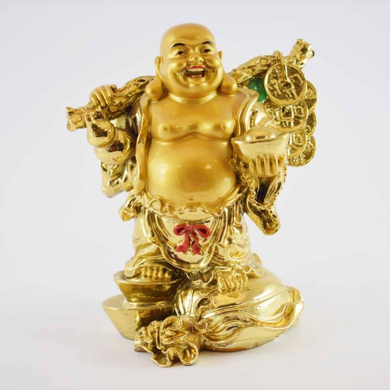 Handmade Golden Shining Laughing Buddha Statue With Coins & Calabash On Tree Branch Standing YXL-1002