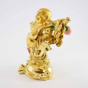 Handmade Golden Shining Laughing Buddha Statue With Coins & Calabash On Tree Branch Standing YXL-1002