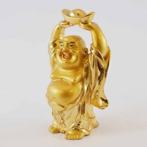 Handmade Golden Small Size Laughing Buddha Statue Elevating A Huge Ingot With Both Hands YXL-S1002
