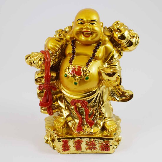 Handmade Shiny Golden Laughing Buddha Carrying Wealth Bag And Thee Treasure Box In Red Robe With Ingot On Other Hand YXL-1003