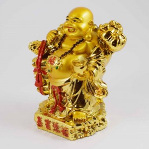 Handmade Shiny Golden Laughing Buddha Carrying Wealth Bag And Thee Treasure Box In Red Robe With Ingot On Other Hand YXL-1003