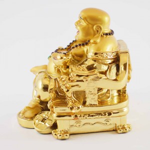 Golden Laughing Buddha Statue On Emperor Golden Dragon Chair With Wealth Bag And Bed Of Coins At Feet YXL-1005