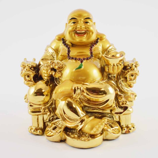 Golden Laughing Buddha Statue On Emperor Golden Dragon Chair With Wealth Bag And Bed Of Coins At Feet YXL-1005