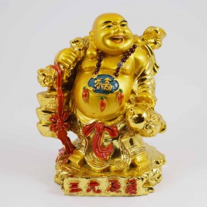 Handmade Shiny Golden Laughing Buddha Carrying Wealth Bag And Thee Ingot In Red Rob With Calabash Gourd In Other Hand YXL-1007