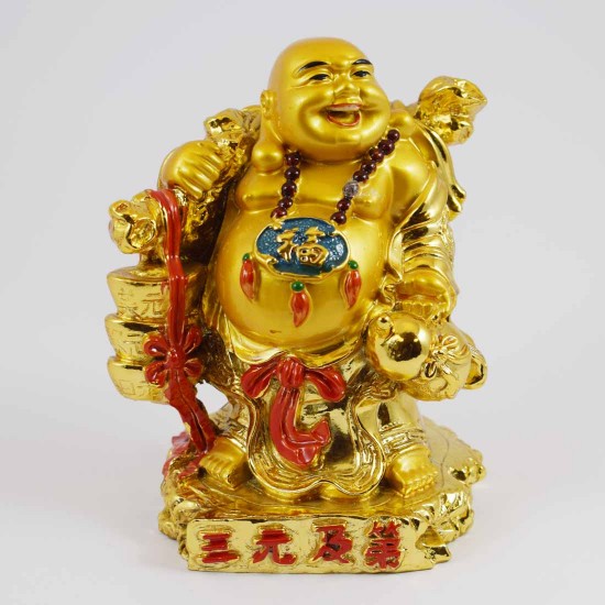 Handmade Shiny Golden Laughing Buddha Carrying Wealth Bag And Thee Ingot In Red Rob With Calabash Gourd In Other Hand YXL-1007