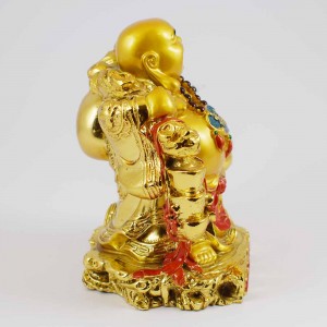 Handmade Shiny Golden Laughing Buddha Carrying Wealth Bag And Thee Ingot In Red Rob With Calabash Gourd In Other Hand YXL-1007