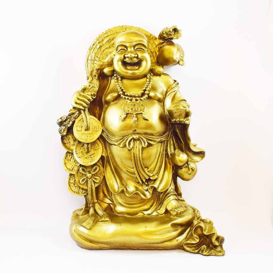 Brass Color Poly Resin Travelling 1.6 Feet Laughing Buddha On Treasure Bag Holding Staff With Strings Of Coins And Wearing Hat YXL-BIGB02