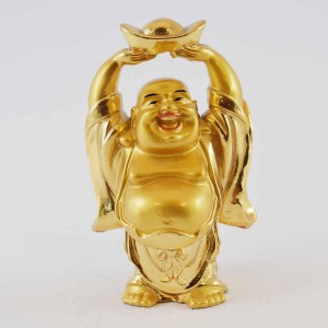 Handmade Golden Small Size Laughing Buddha Statue Elevating A Huge Ingot With Both Hands YXL-S1002