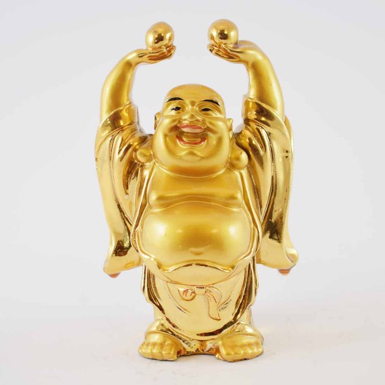 Handmade Golden Small Size Laughing Buddha Statue Lifting 2 Gold Nuggets YXL-S1003