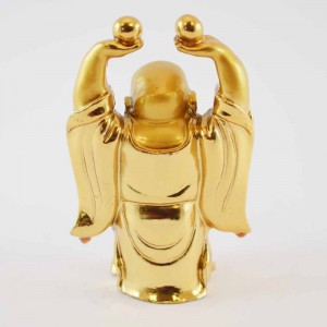 Handmade Golden Small Size Laughing Buddha Statue Lifting 2 Gold Nuggets YXL-S1003