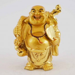 Handmade Golden Small Laughing Buddha Statue Holding Fan Banishes Troubles & Wu Lou YXL-S1004