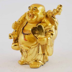 Handmade Golden Small Laughing Buddha Statue Holding Fan Banishes Troubles & Wu Lou YXL-S1004