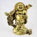 Brass Color Poly Resin Travelling Laughing Buddha On Base Holding Staff With Strings Of Coins And Wealth Bag Signifies A Safe, Fruitful And Rewarding Journey YXL-STN01