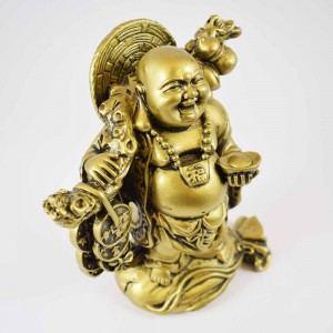 Brass Color Poly Resin Travelling Laughing Buddha On Base Holding Staff With Strings Of Coins And Wealth Bag Signifies A Safe, Fruitful And Rewarding Journey YXL-STN01