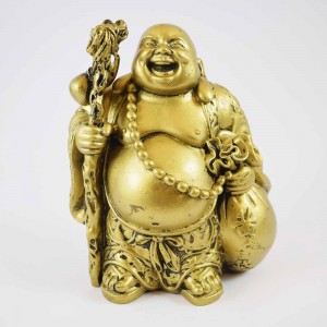 Brass Color Poly Resin Laughing Buddha With Wealth Bag On Staff And Bottle Guard And Mala Bead On Neck YXL-STN02