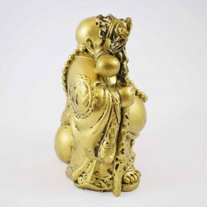 Brass Color Poly Resin Laughing Buddha With Wealth Bag On Staff And Bottle Guard And Mala Bead On Neck YXL-STN02