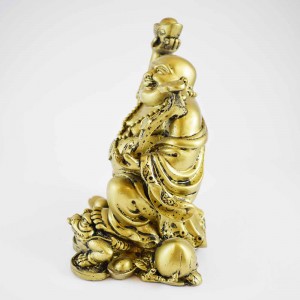 Brass Laughing Buddha On Frog And Coins With Overflowing Wealth Bag And Huge Peach Fruit At Back  XL-STN03