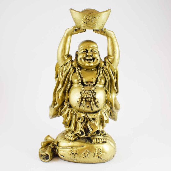 Handmade Golden Medium Size Laughing Buddha Statue On Treasure Bag Elevating A Huge Ingot With Both Hands YXL-STN04