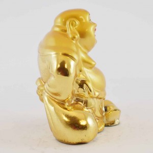 Handmade Golden small Laughing Buddha Statue Calabash Gourd in one hand and holding wealth bag and ingot  YXL-S1006