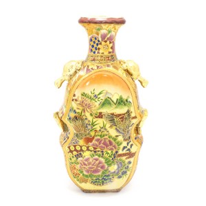 Ancient Vintage Satsuma Flower Vase Double sided With Golden Color Turtle Handles - CH14V-02