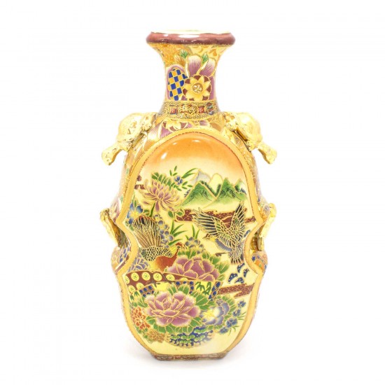 Ancient Vintage Satsuma Flower Vase Double sided With Golden Color Turtle Handles - CH14V-02