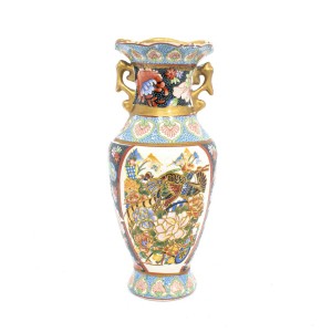 Vintage Satsuma Vase In Flower Painting Decorated Porcelain Vase 8 Inch Multicolored With Golden Handle - CHV8-04