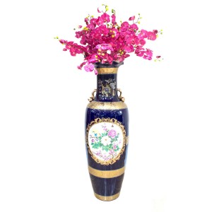 Hand Painted Under Glaze Ceramic Floor Vase 52" with Gold Color Handle Flower & Bird Design - CP JC52" V