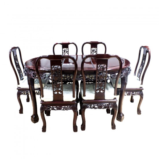 Dark Cherry Solid Rosewood 60" Dining Table Set 7 Pc Set Open Carvings Grape Art Tiger Paw Leg Design - DF-D010F/60"