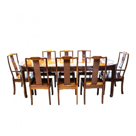 Solid Rosewood Chinese Longevity Oval Dining Set with 8 Chairs Natural Finish - DF-DA001A/96"