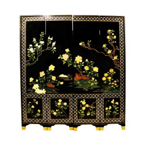 6 Feet Tall 4 Panel Lacquer Partition Screen Artificial Jade Flower Figurines With Mother Of Pearl Designed Corner Edges - ET BLP 4PANEL-01