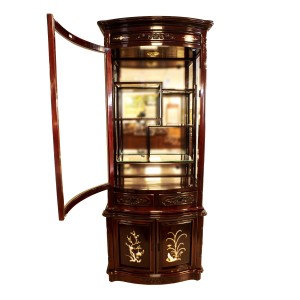Rosewood Curve Shape Curio Display Cabinet with Mother of Pearls Inlaid Dark Cherry Finish - FS D838A M
