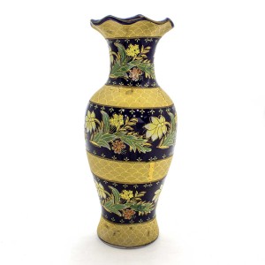 Asian Art Hand Crafted Gold & Blue Vase With Flower Design Big - GY10V-03