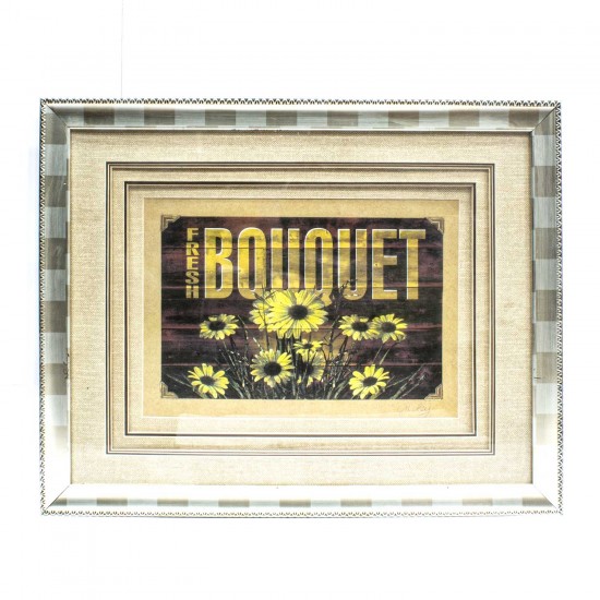 Handpainted Bouquet Printed Text Floral Design Art  Painted With Carved Framed Edges - HLNPPICTURE13