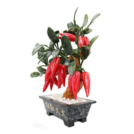 Hot Pepper Artificial Jade Plant Tree Bonsai Stone Gemstone Leaves Red