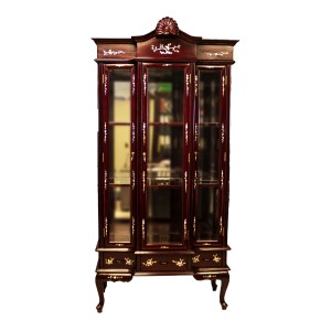 Solid Rosewood French Design Three Door Display Cabinet With Queen Anne Leg Dark Cherry Finish - LK B-4