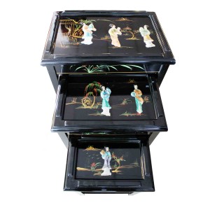 Solid Wood Black Lacquer Finish Nest of 3 Table With Geisha Inlaid With Mother Of Pearl Horse Shoe Leg  Design Glass Top - LK-HA/1948